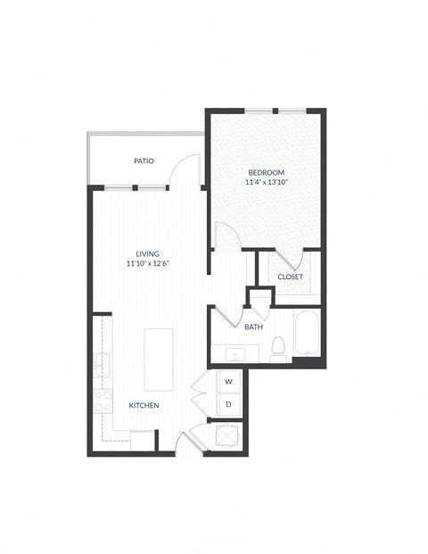 Floor plan for 1 bed, 1 bath, 726 sqft